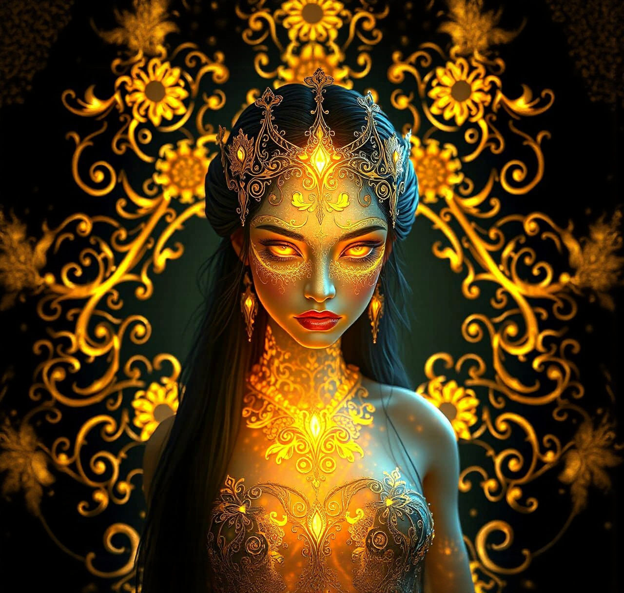 Ethereal Bioluminescent Maiden with Golden Filigree