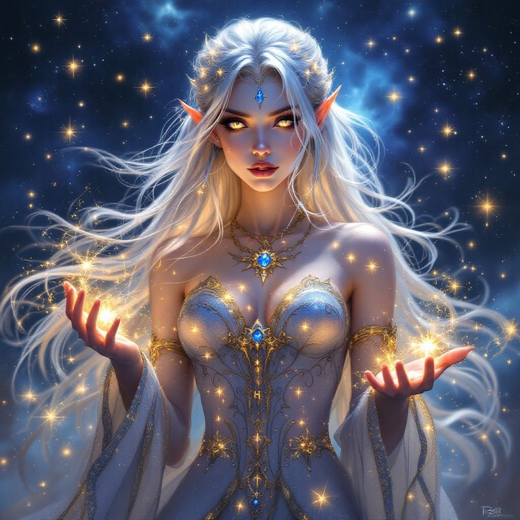 Celestial Elf Sorceress with Radiant Starlight Gown