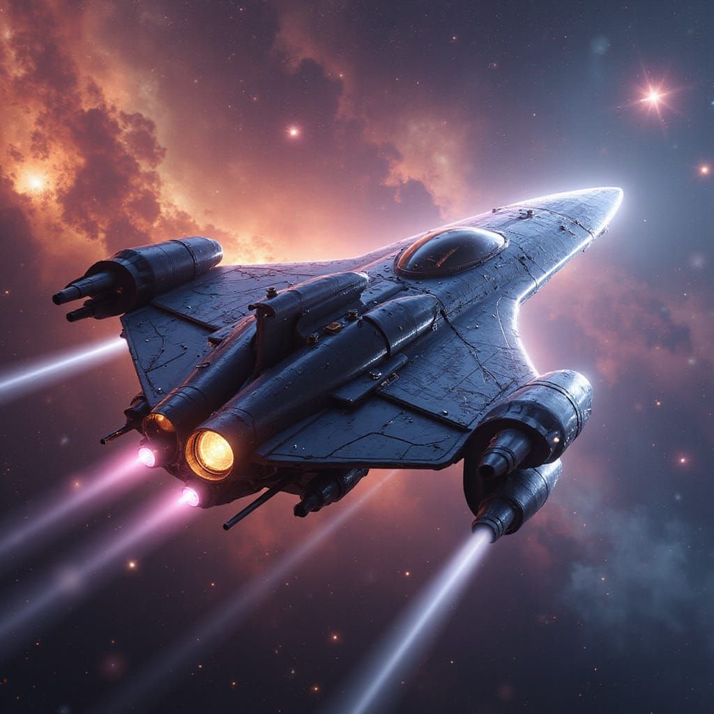 Sleek Starship soars through a Vibrant Nebula in Hyper-Reali...