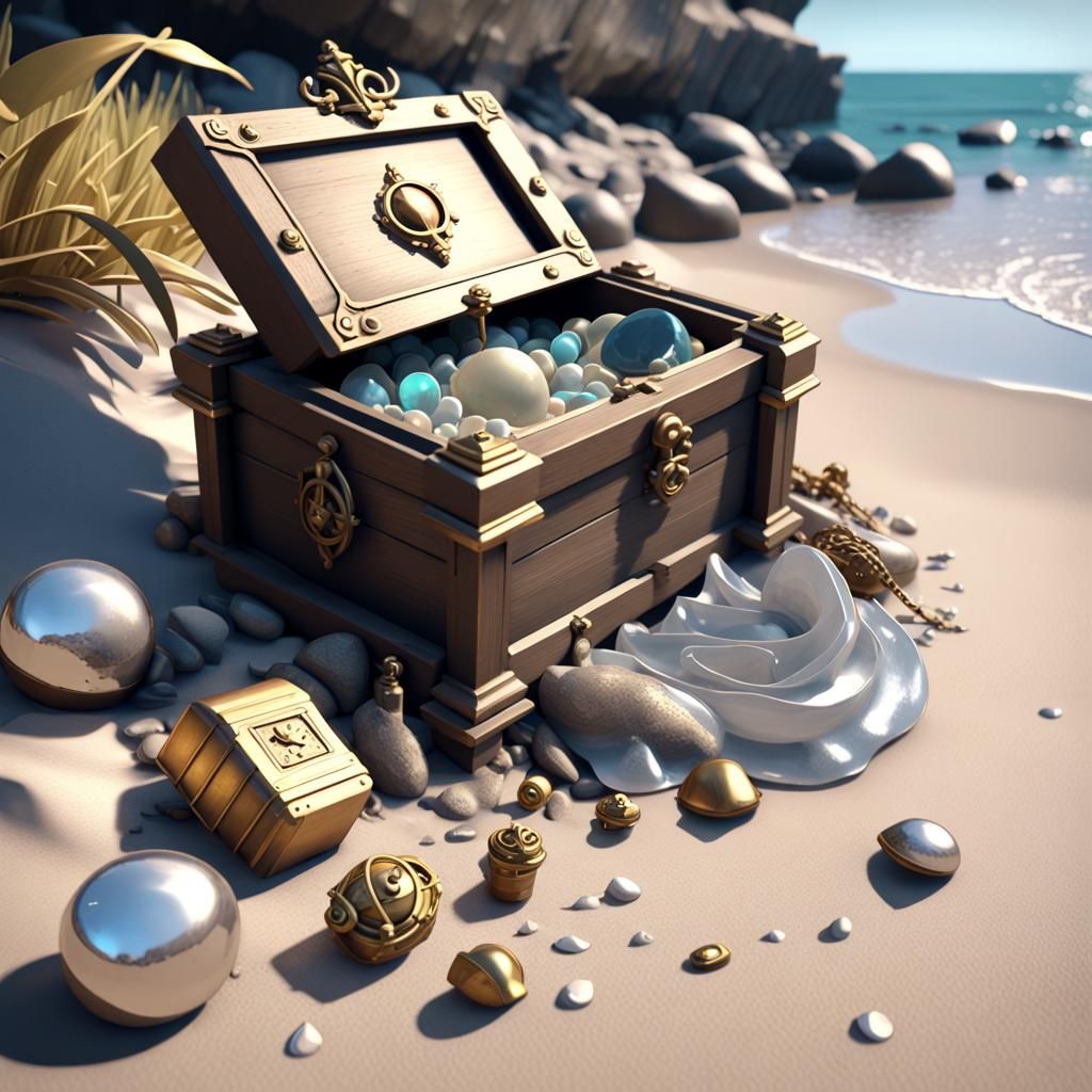 Treasure Chest Finds on Sandy Shore, 3D Render