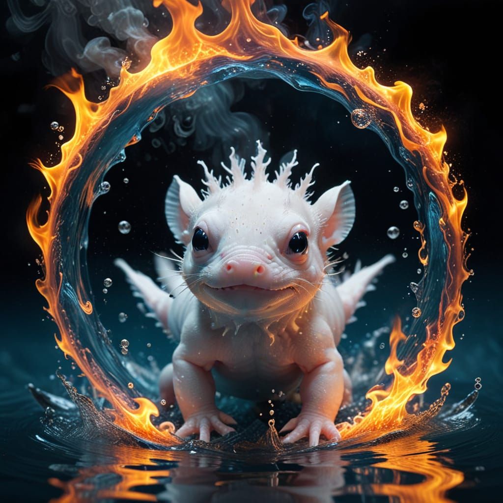 Enchanted Axolotl in a Whimsical Fire-Water Vortex