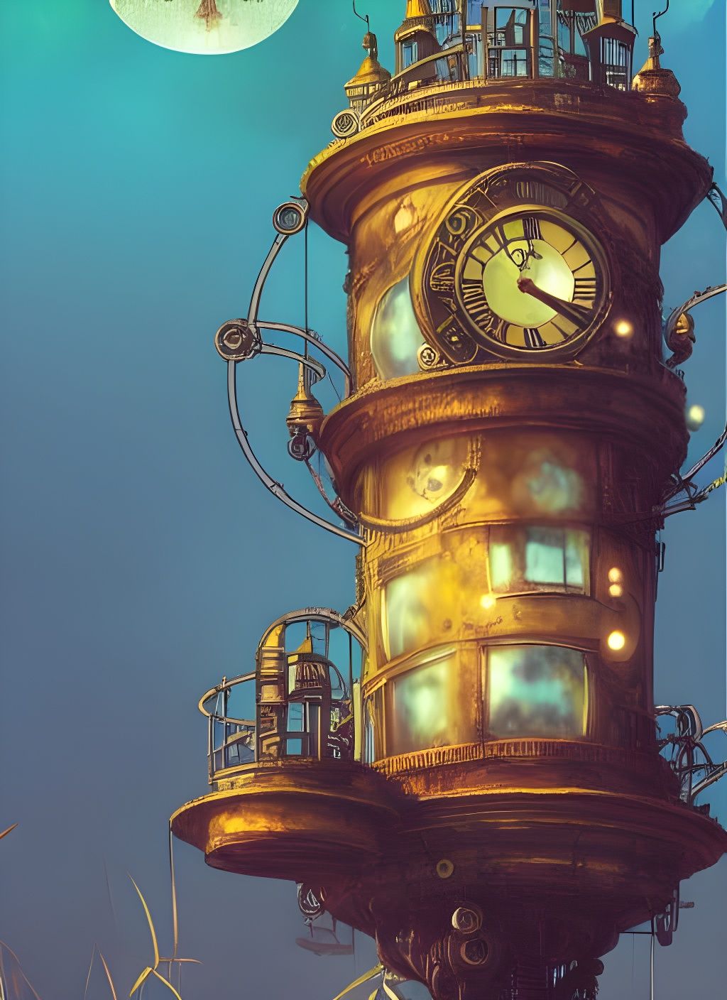 Steampunk Clock Tower on Island in Watercolour Style