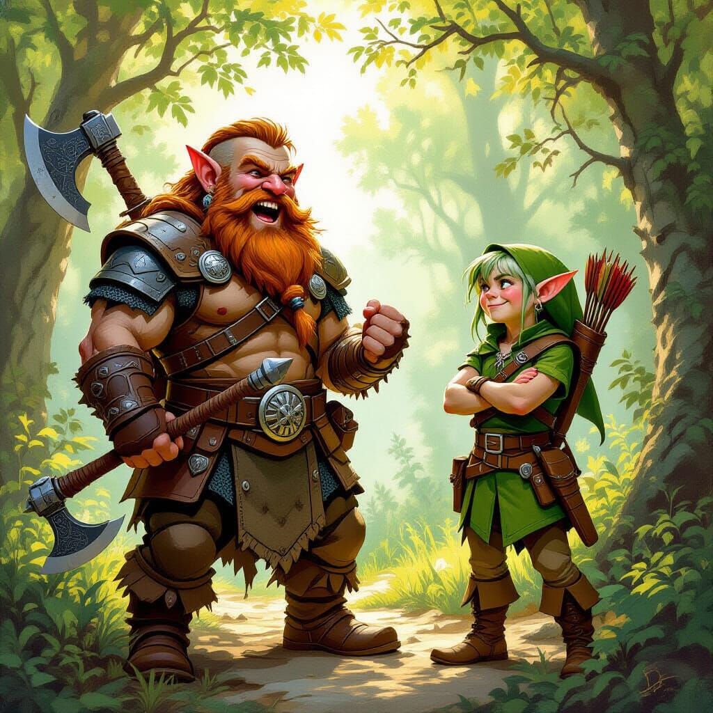 Warrior Dwarf and Elf Scout in Forest Scene