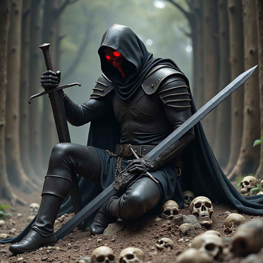 Black Armored Warrior Contemplates Battlefield