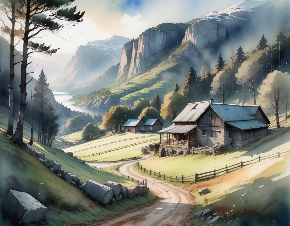 Greek Highland Farm in Watercolor Calligraphy