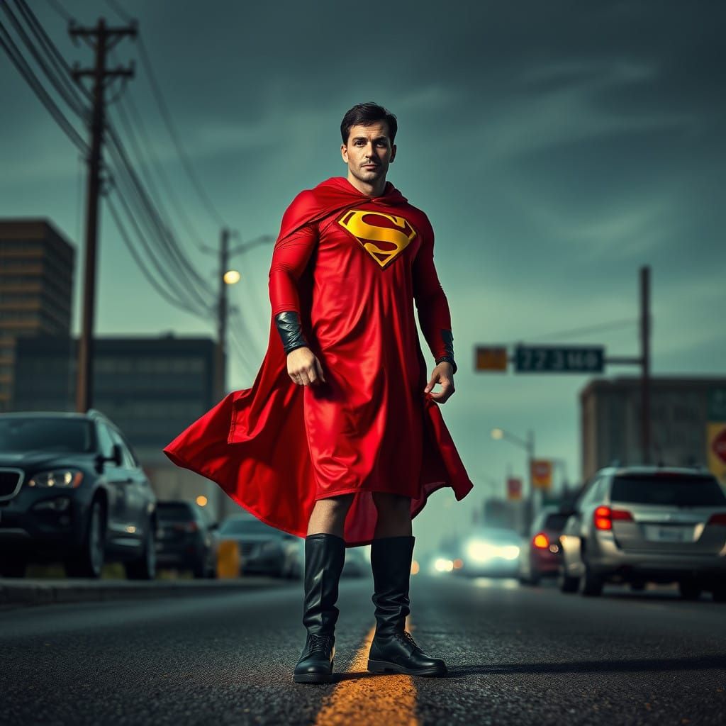 Man in Red Sheet Searching for Kryptonite on a Lonely Street