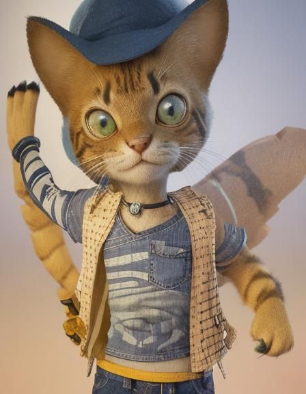 An anthropomorphic  male rusty spotted cat kitten wear a blue navy tank top polo shirt and  a jean. Pixar, Disney, conce...
