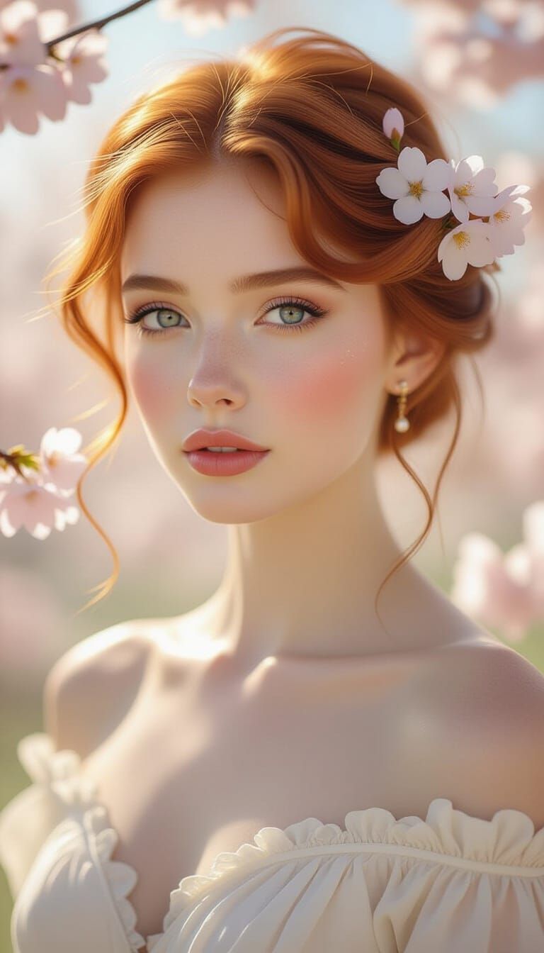 Red-Haired Woman with Galaxy Eyes and Cherry Blossoms