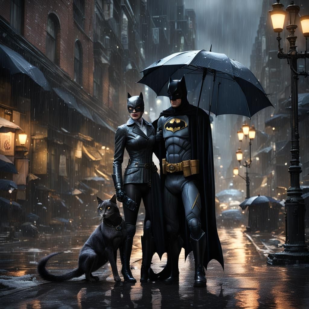 Batman Shields Catwoman with Penguin's Umbrella