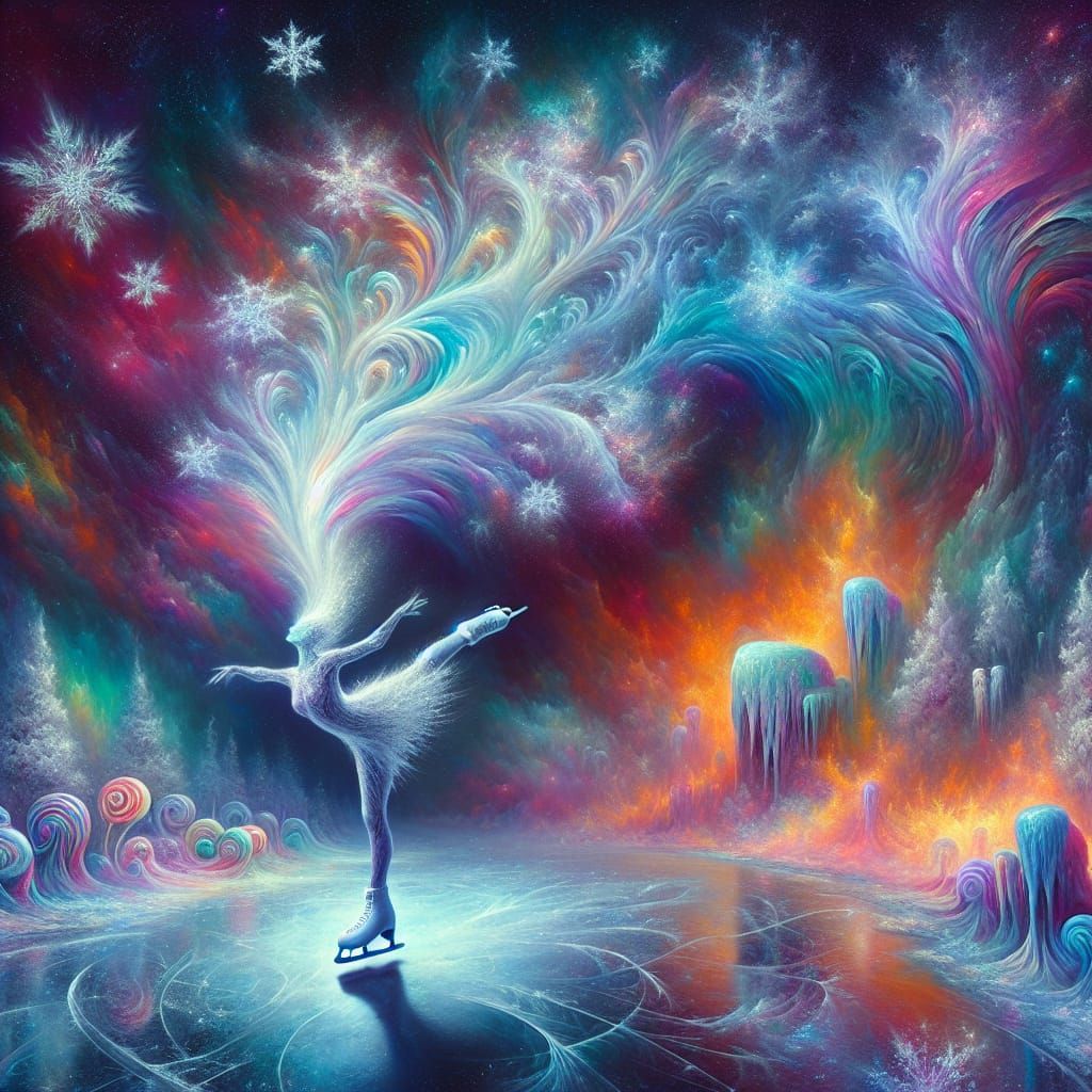 Surreal Ice Skater in Iridescent Holographic Aesthetic