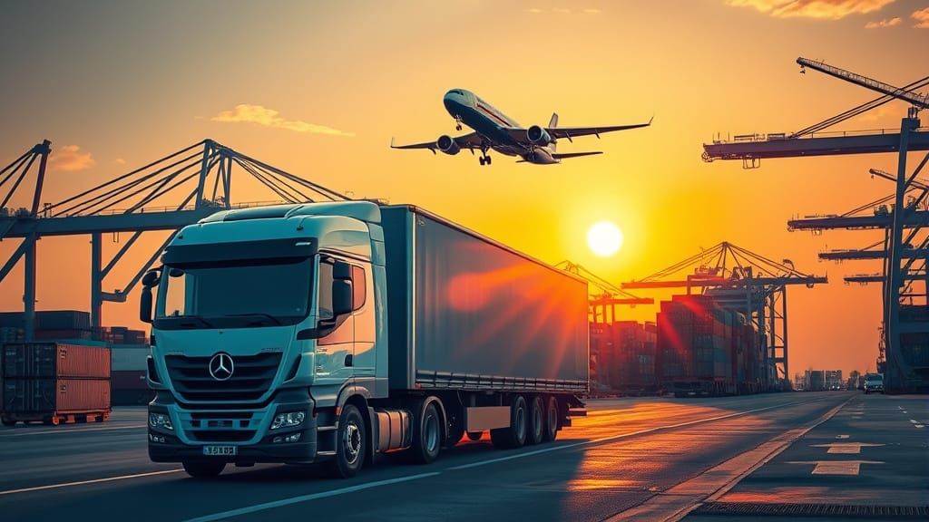 Elegant Art Deco Aircraft Above Cargo Truck in Morning Light