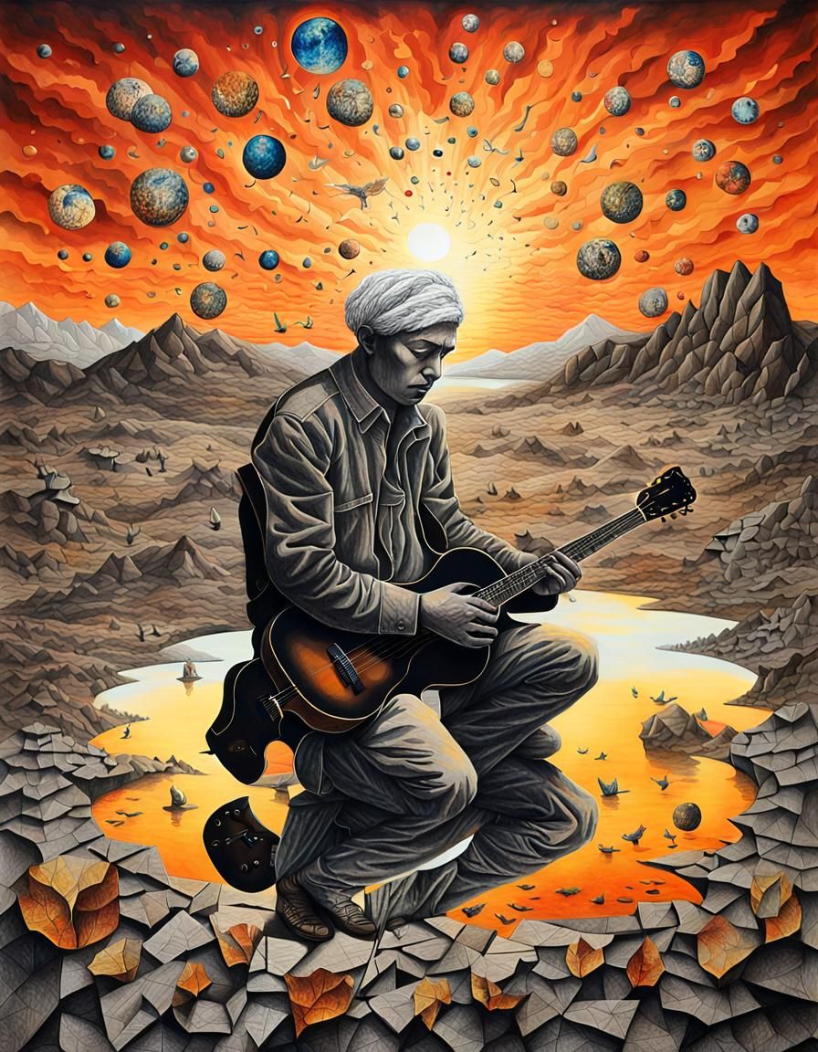 Surreal Bio Art Drawing of Wounded World at Sunset