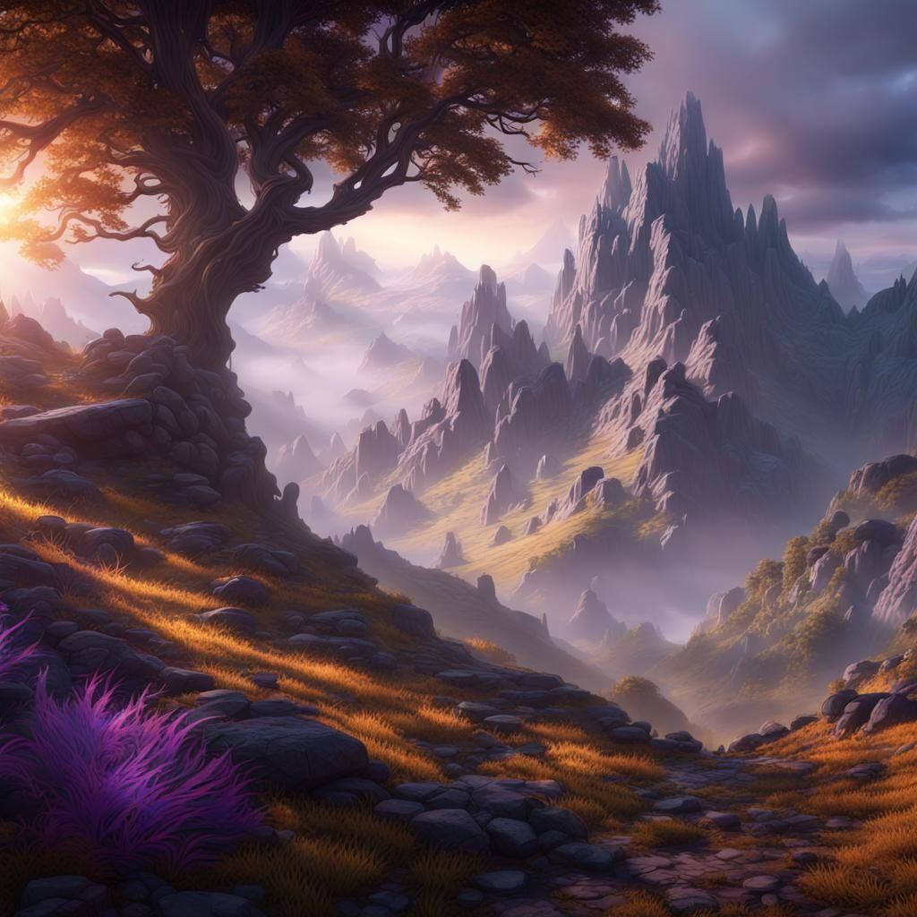 Misty Mountain Landscape with Crying Magical Creatures