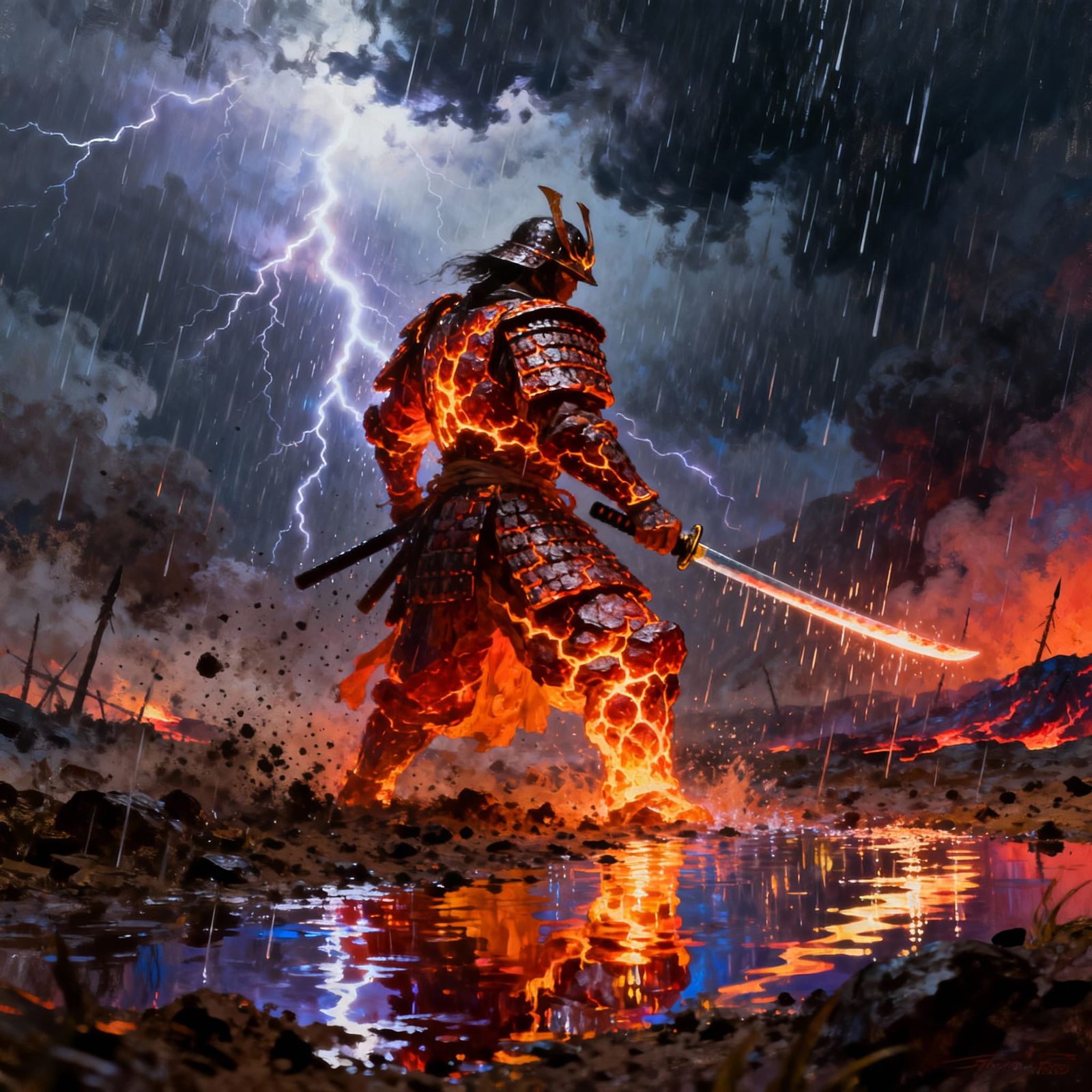Samurai in Lava Armor Amidst Elemental Storm