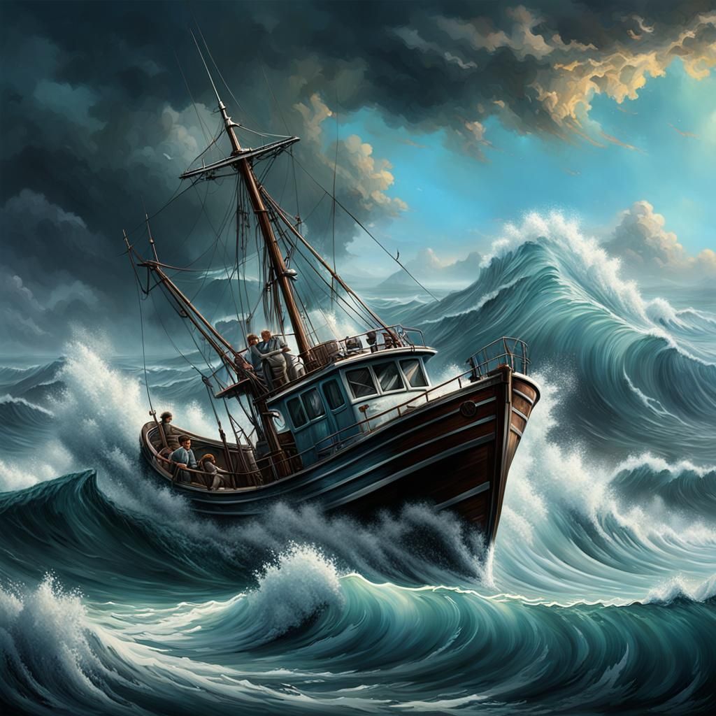 Fishing Trawler in Stormy Seas: A Bob Ross Style Painting
