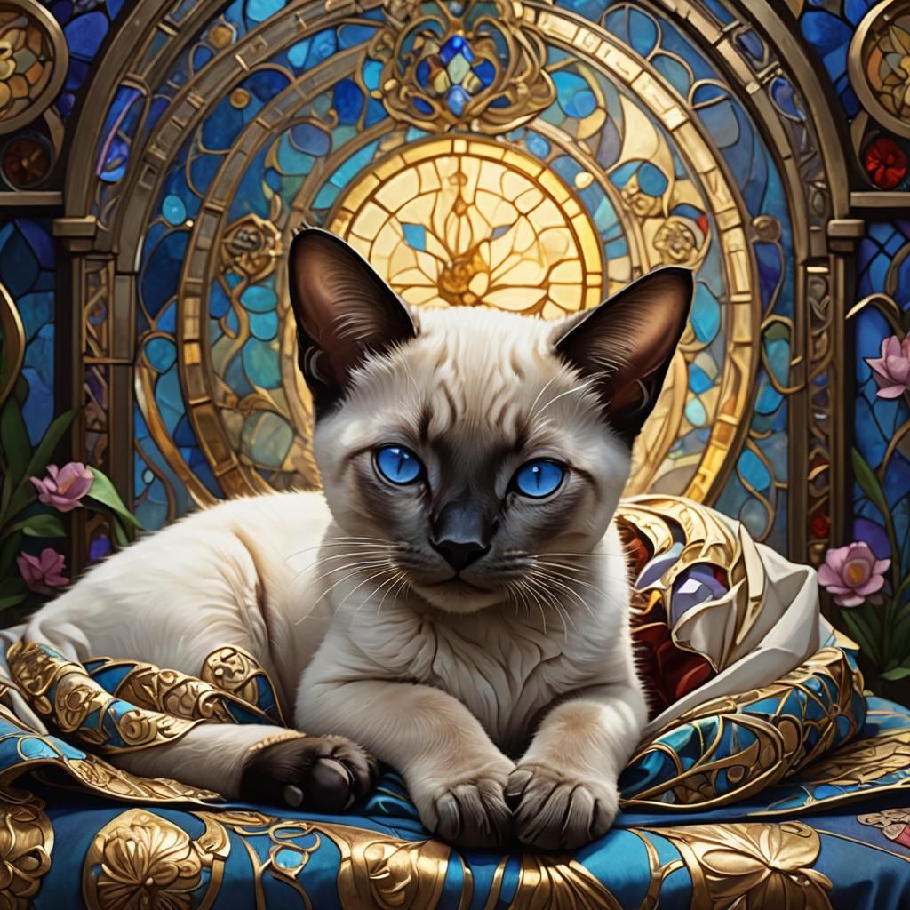 Siamese Kitten Asleep, Art Nouveau Style