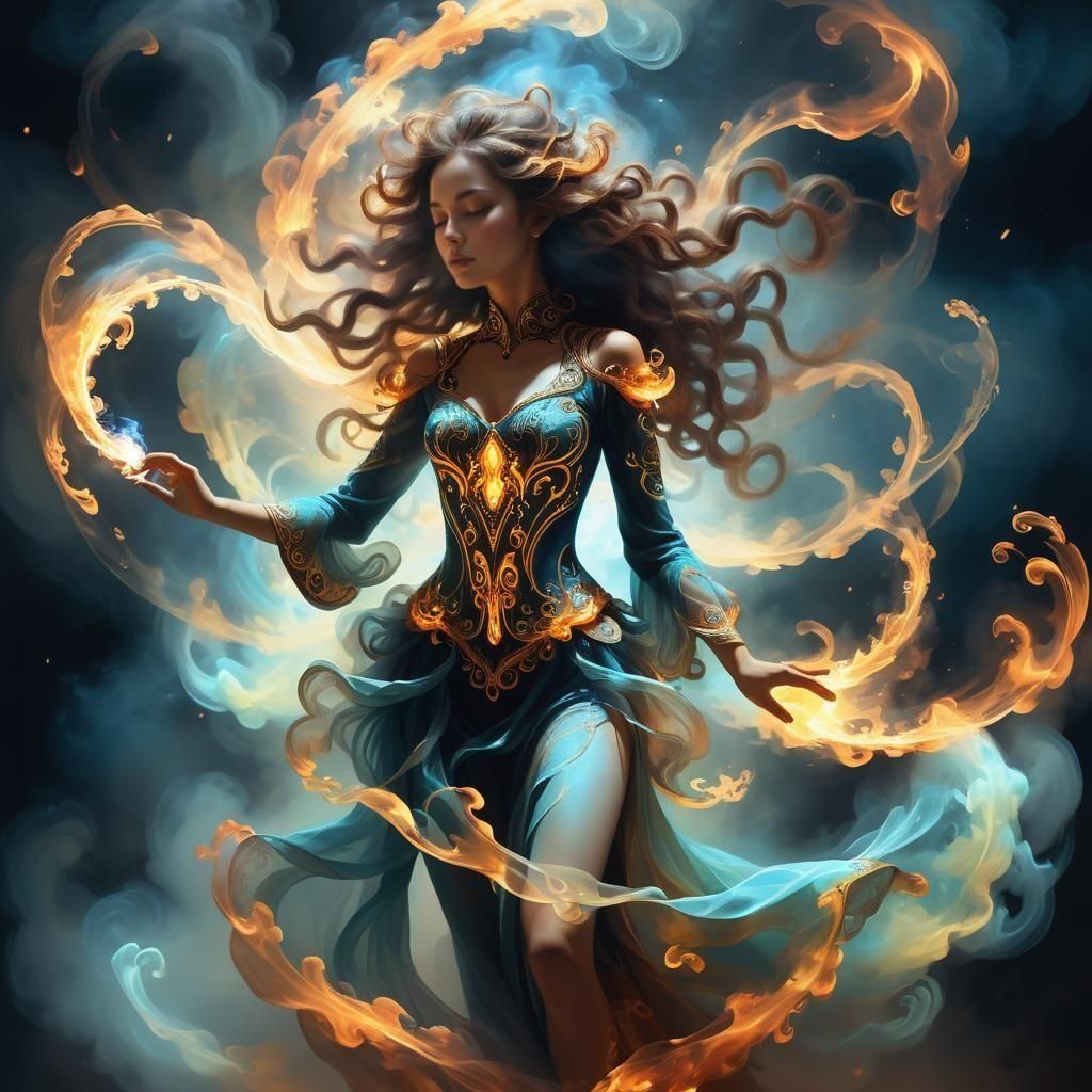Bioluminescent Dancer in Swirling Smoke Vortex