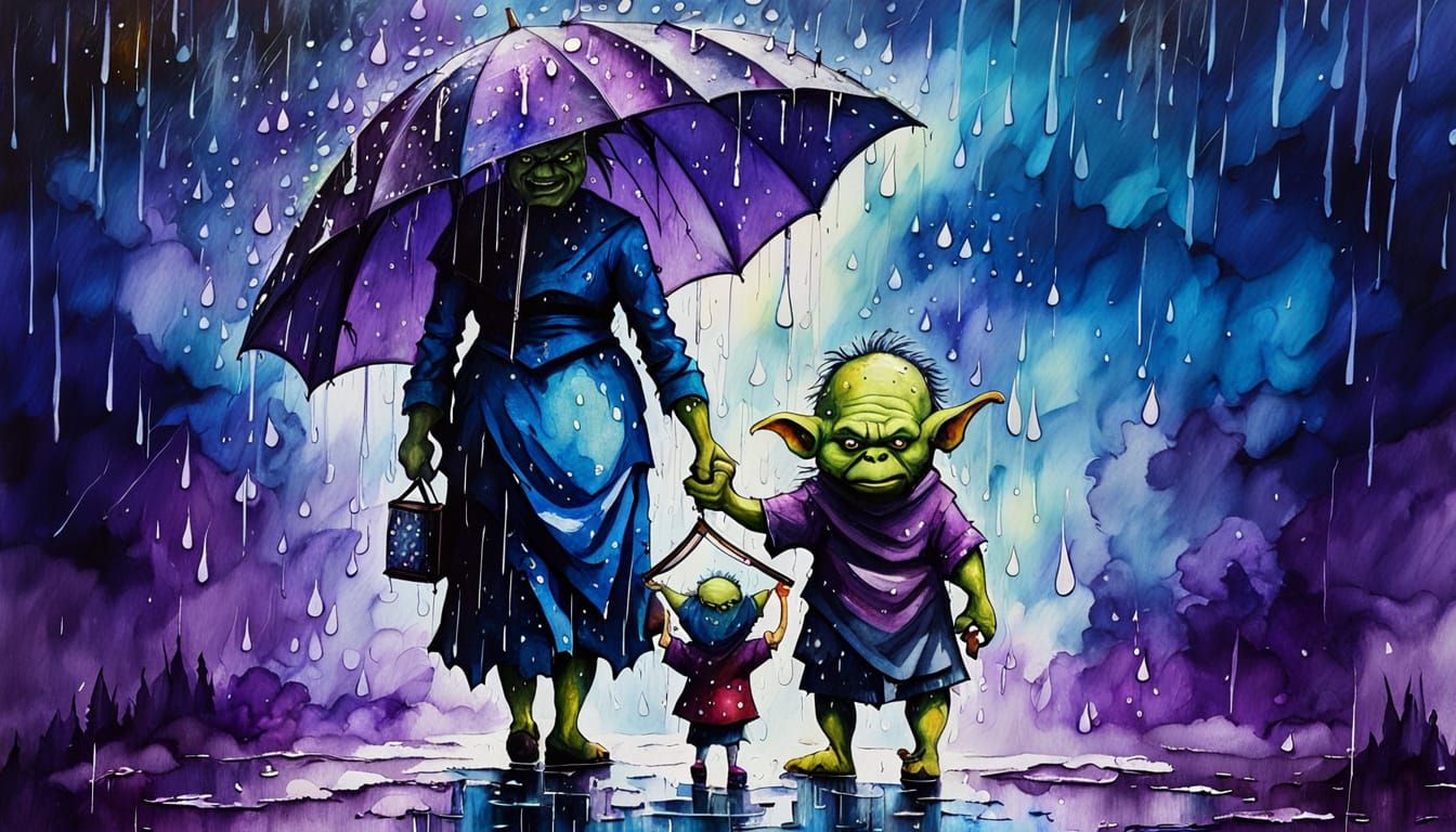 Ogre with Umbrella in Rain, in Alcohol Ink Style