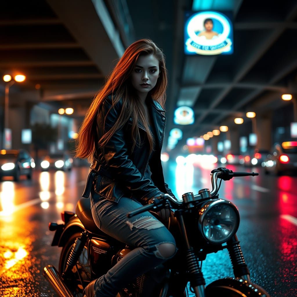 Auburn-Haired Woman on Motorcycle in Film Noir Style