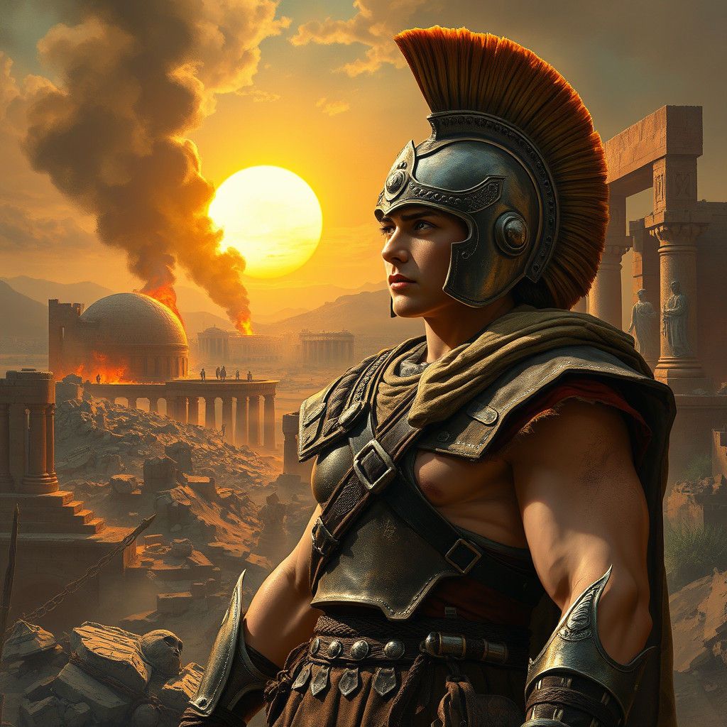 Heroic Petroclus Amidst Troy's Ruins in Dynamic Realism