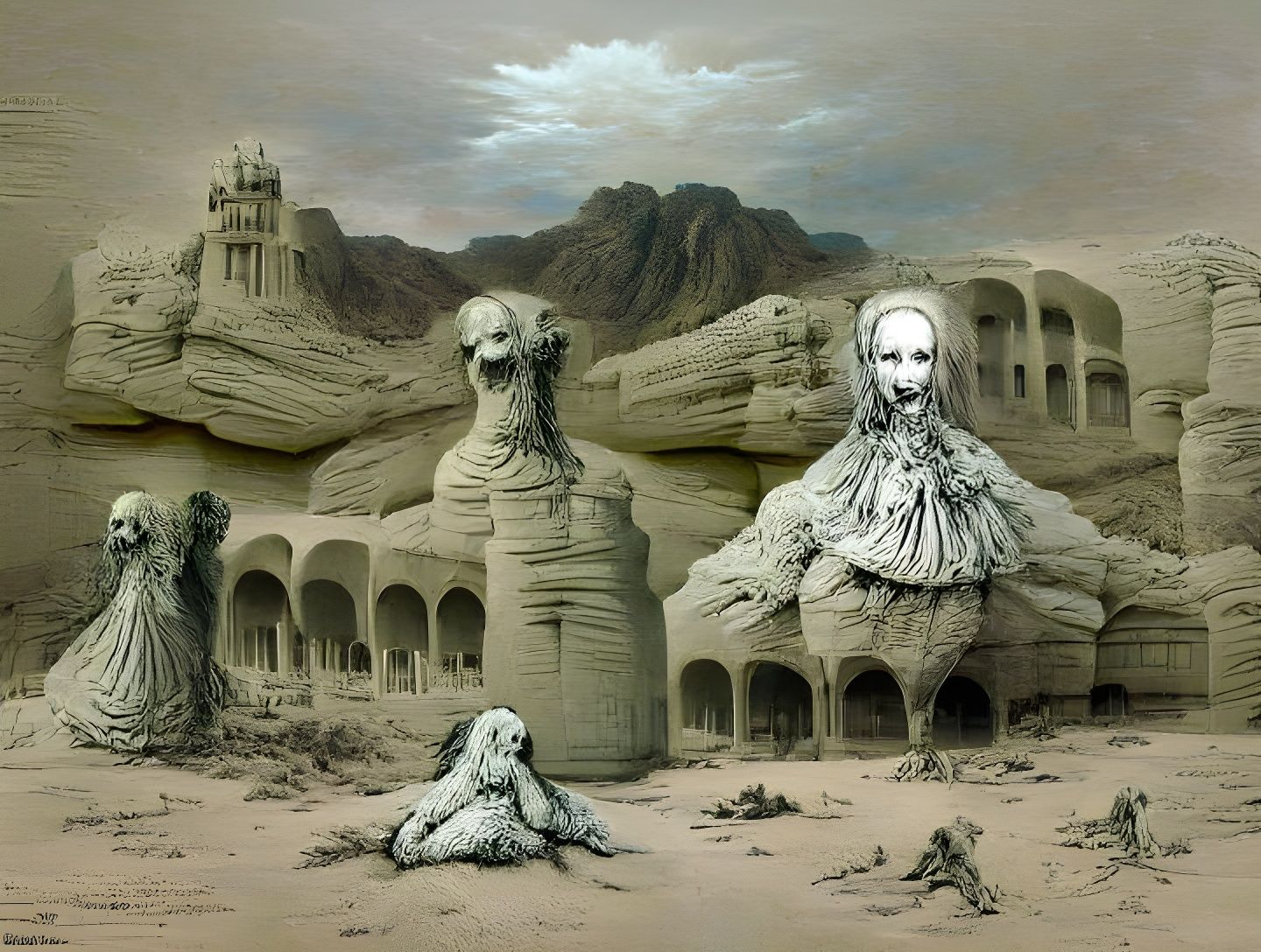 Eroding Desert Palace Statuary in Gustave Dore Style