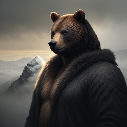 Hyperrealistic Man-Bear Hybrid on Misty Mountain Peak