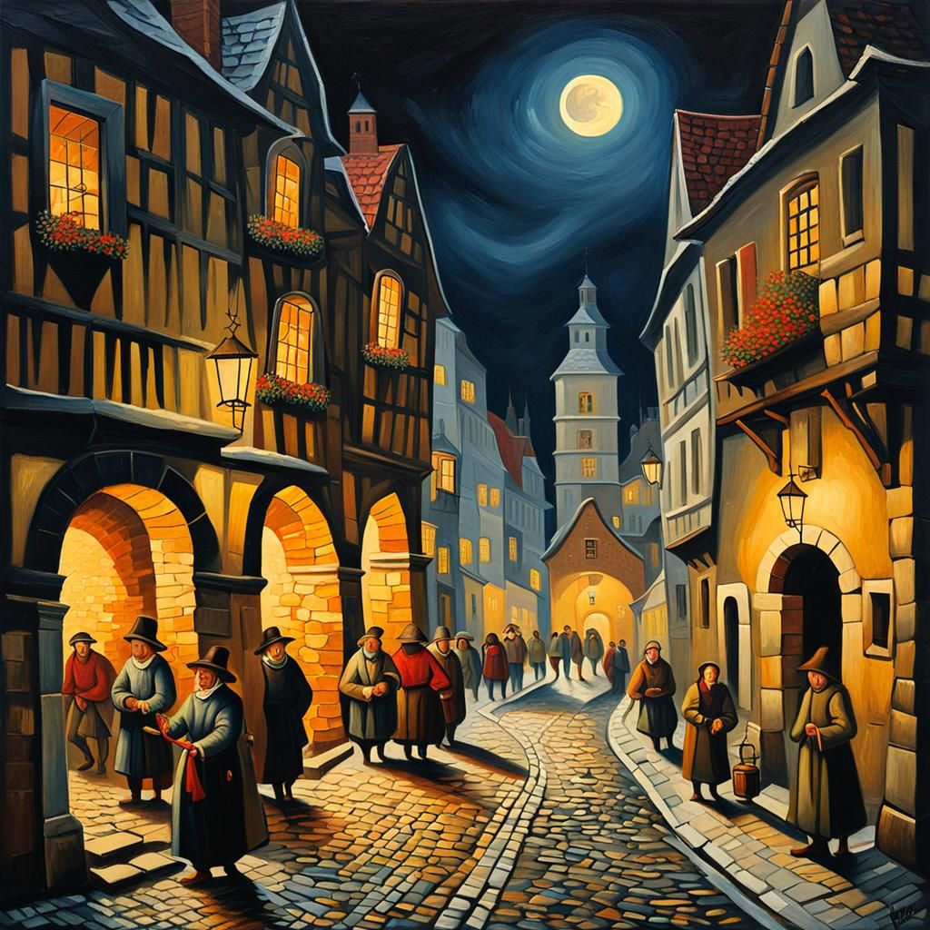 Bustling 17th Century Town at Night as Impasto Oil Painting