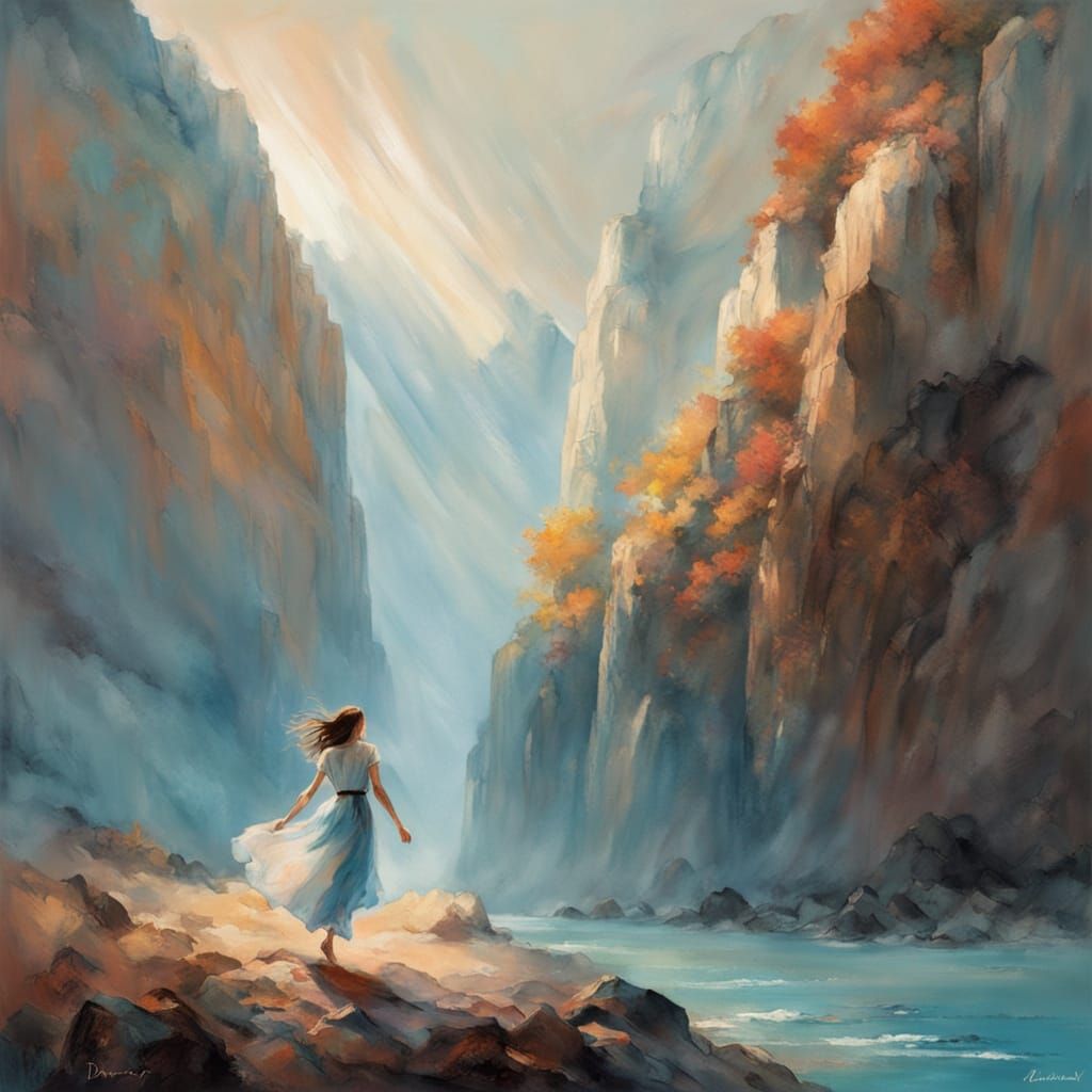 A beautiful colourful landscape, capturing a young woman gracefully falling in mid-air, "suspended in the narrow space i...