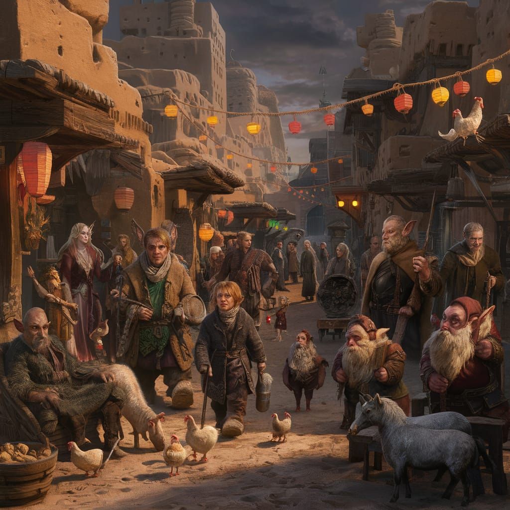 Lively Medieval Desert Town with Mythical Creatures