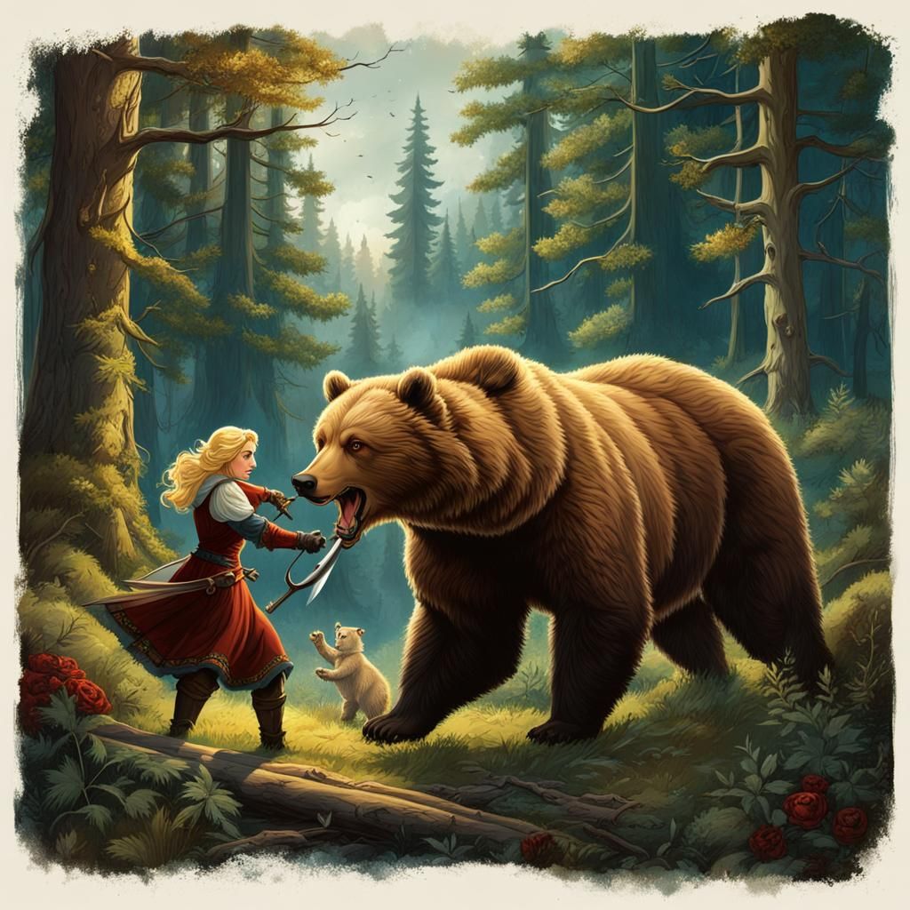 Goldilocks' Medieval Battle with Bear in Forest