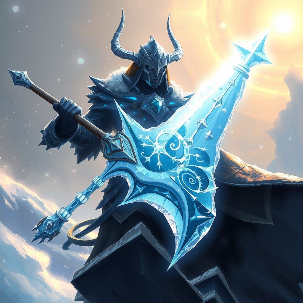 Enchanted Ice Halberd Warrior in Frosty Cyberpunk Style