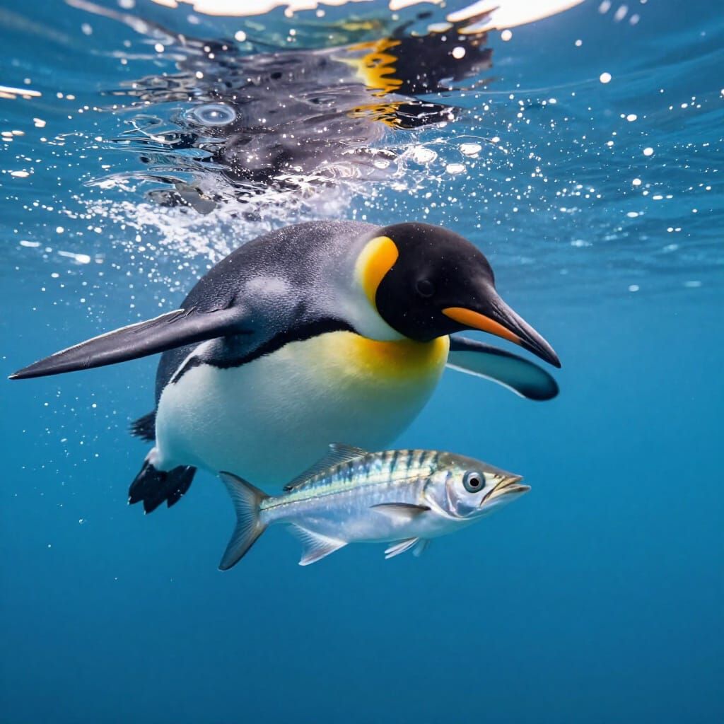 King Penguin Hunts Fish Underwater in Photorealistic Style