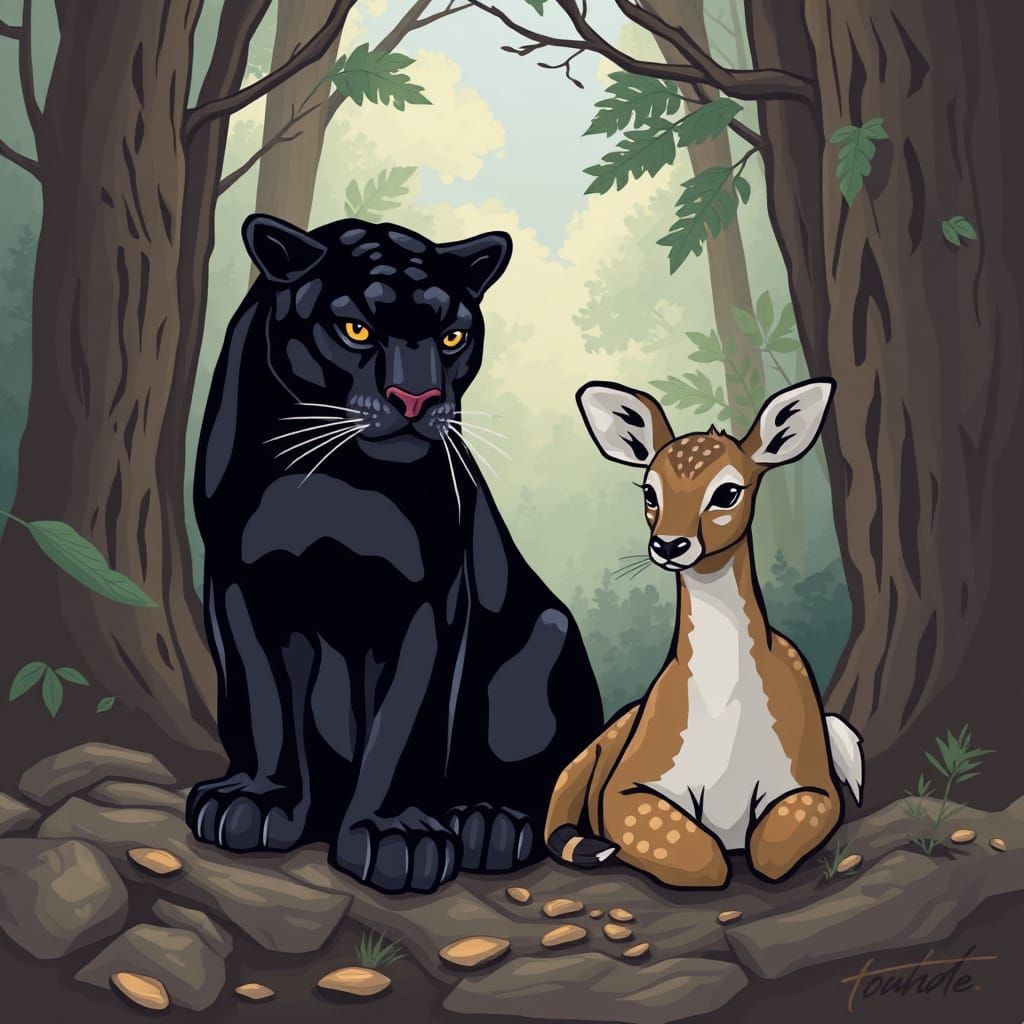 Panther and Doe in a Mysterious Forest Scene