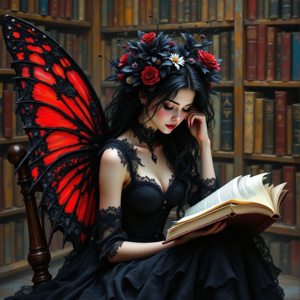 Gothic Fairy Librarian Reading Magic Spells