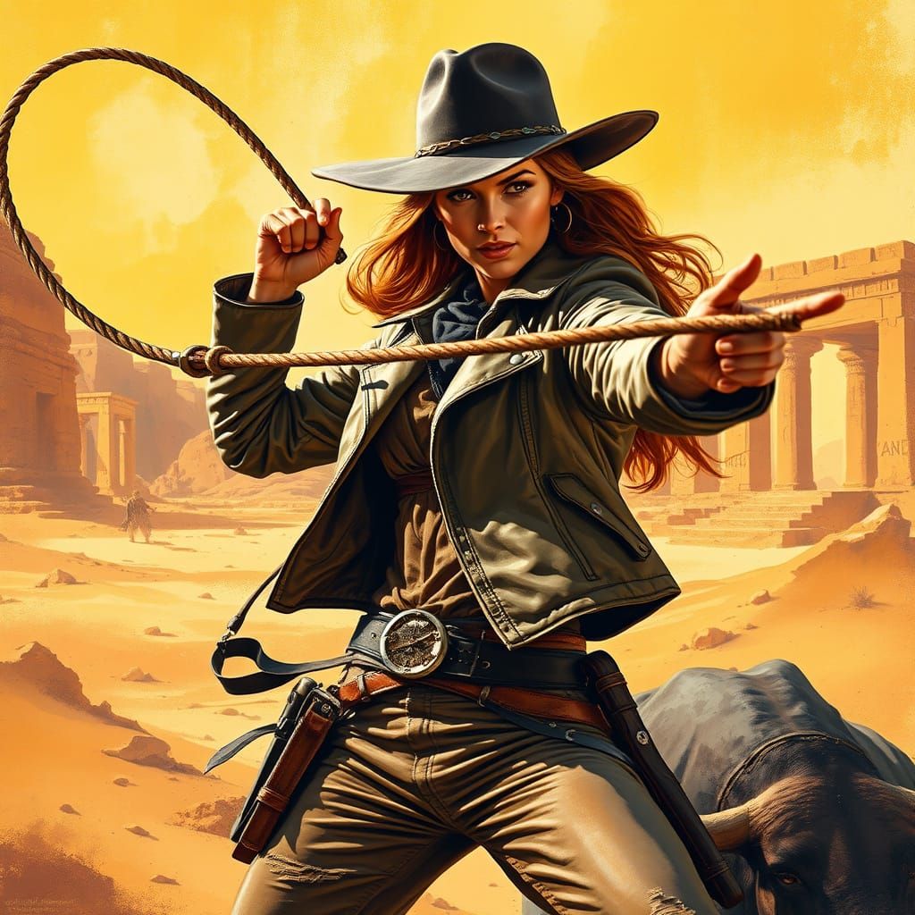 Fierce Female Adventurer in Classic Movie Poster Style