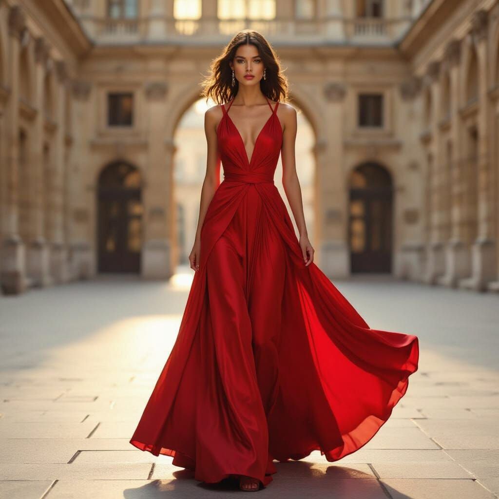 Model in Red Gown in European Courtyard