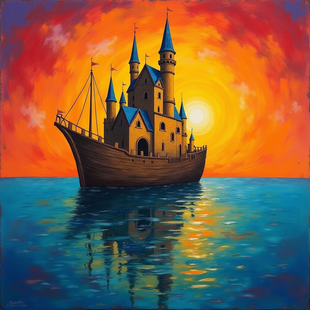 Floating Castle Ship at Sunset in Abstract Style