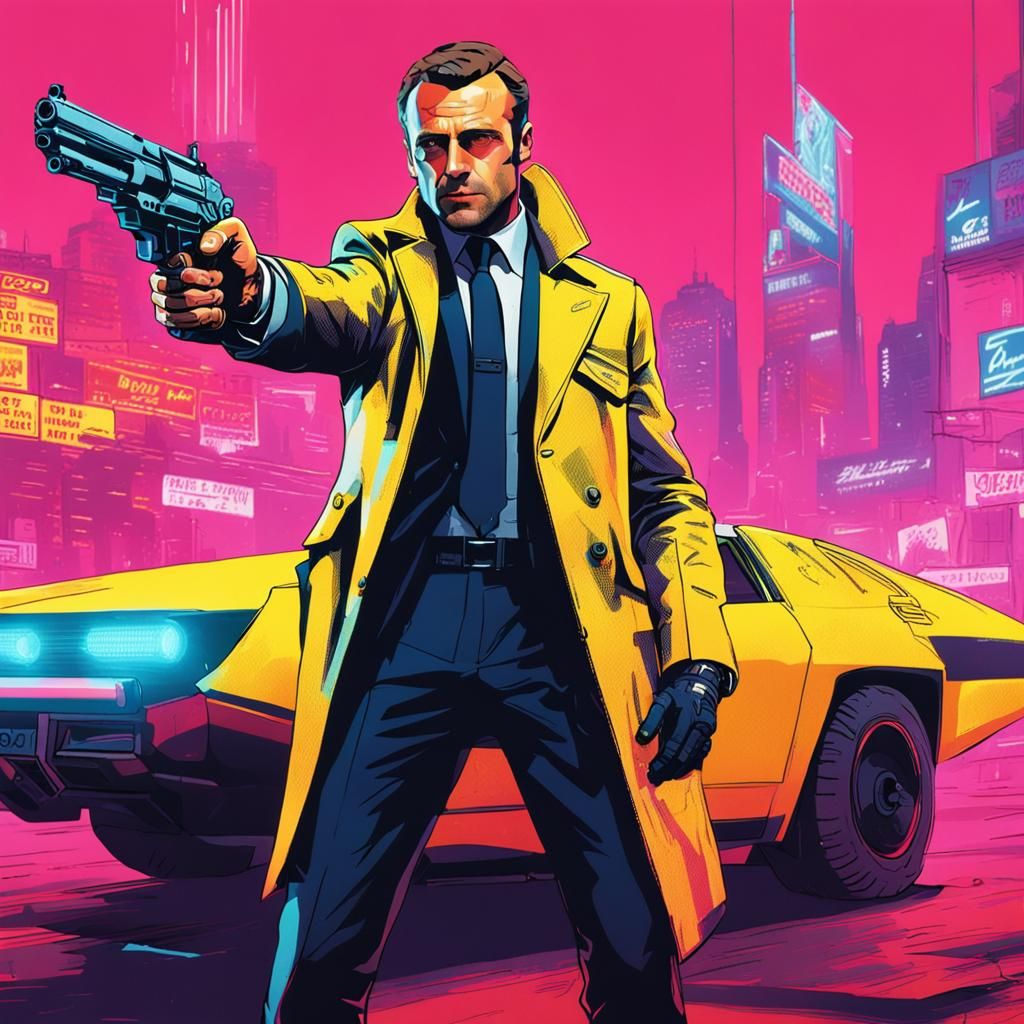 Macron as Cyberpunk Cop with Revolver