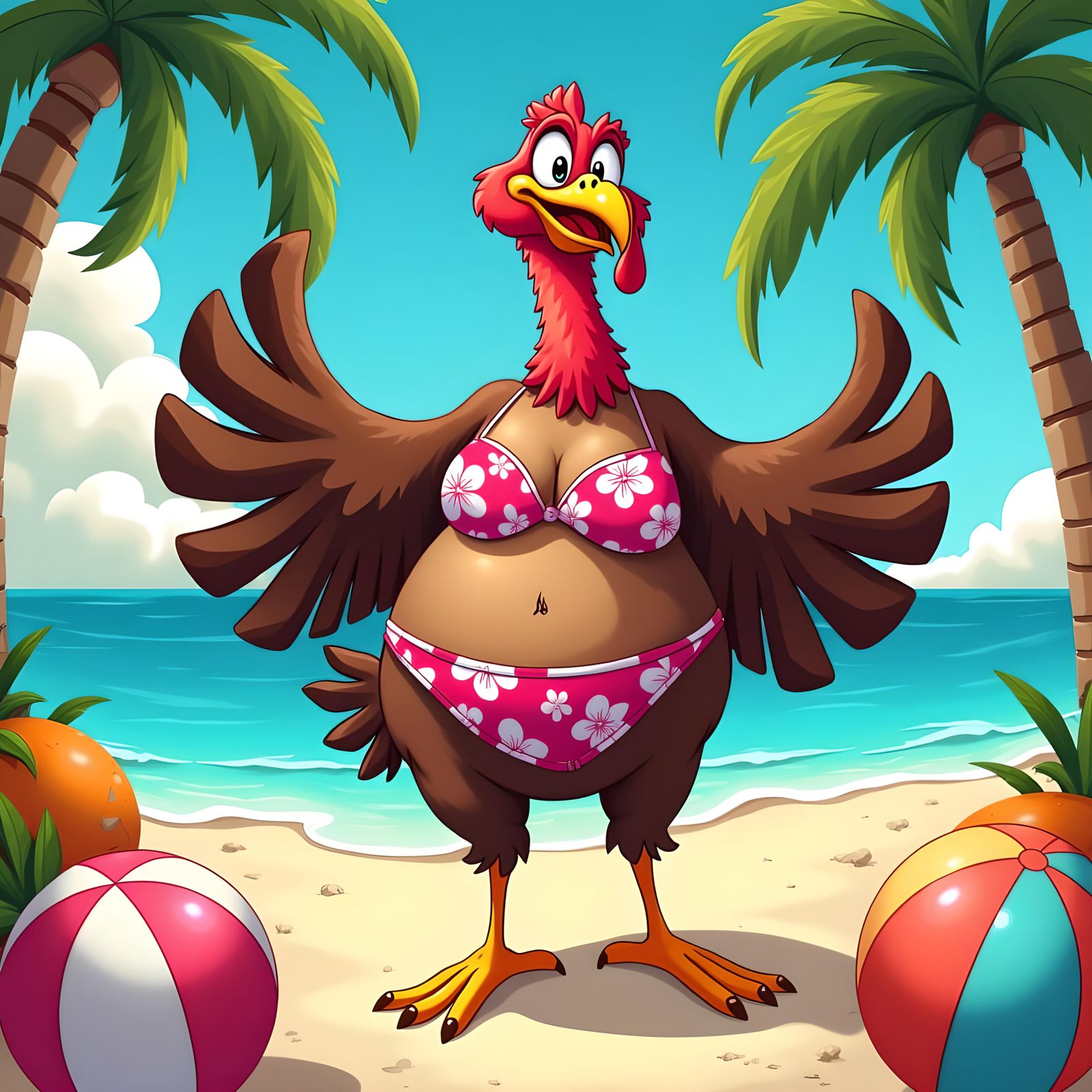 Cartoon Turkey in Bikini at the Beach