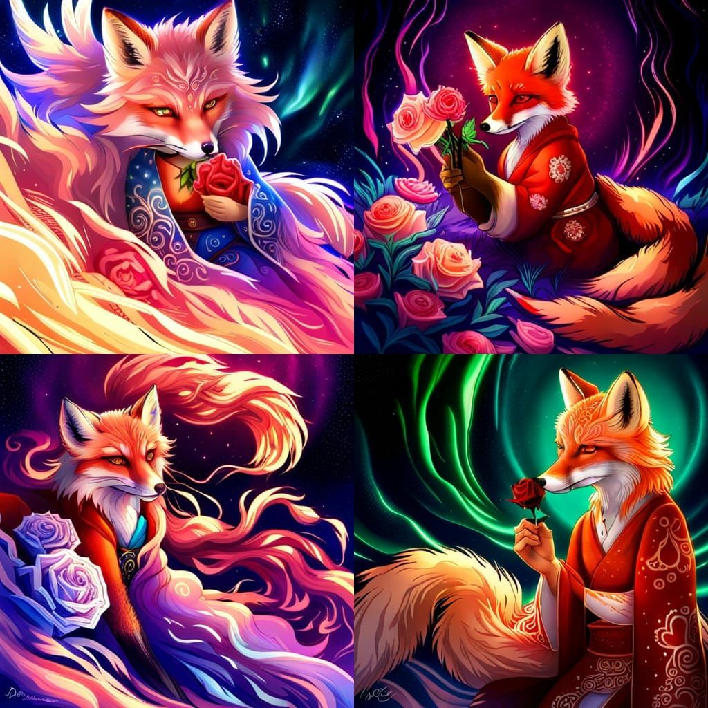 Fox with Rose: Sensual Anime Digital Art