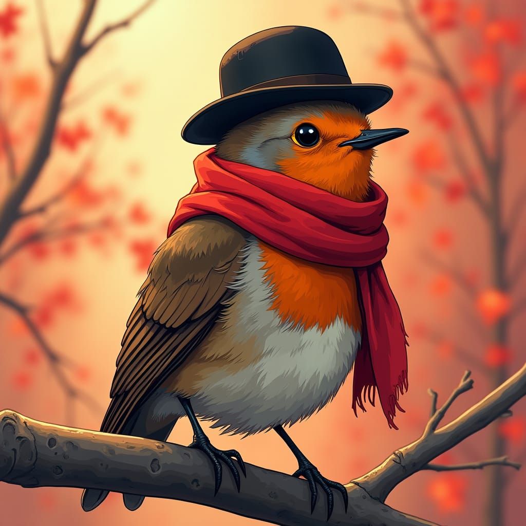 Anime-Style Robin in Red Scarf and Bowler Hat