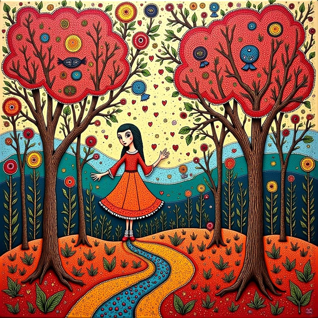 Vibrant Red and Green Whimsy in Folk-Art Style