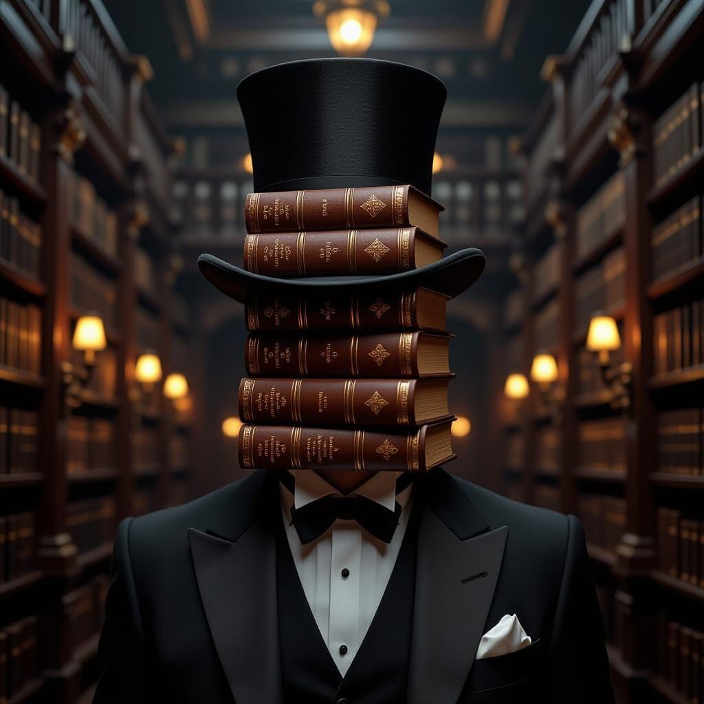 Gentleman with Book Hat in Opulent Library