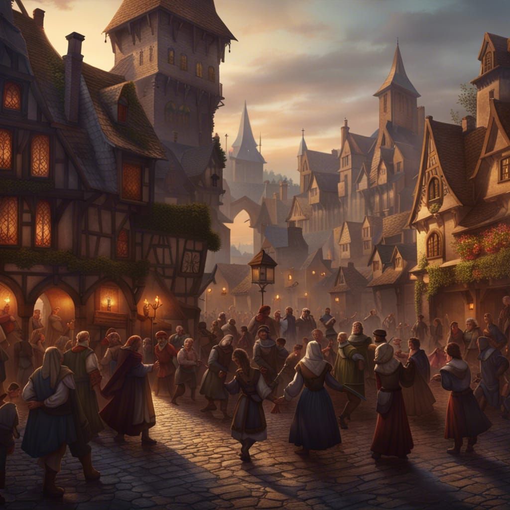 Medieval Villagers Dancing in Town Square, Dark Fantasy Art