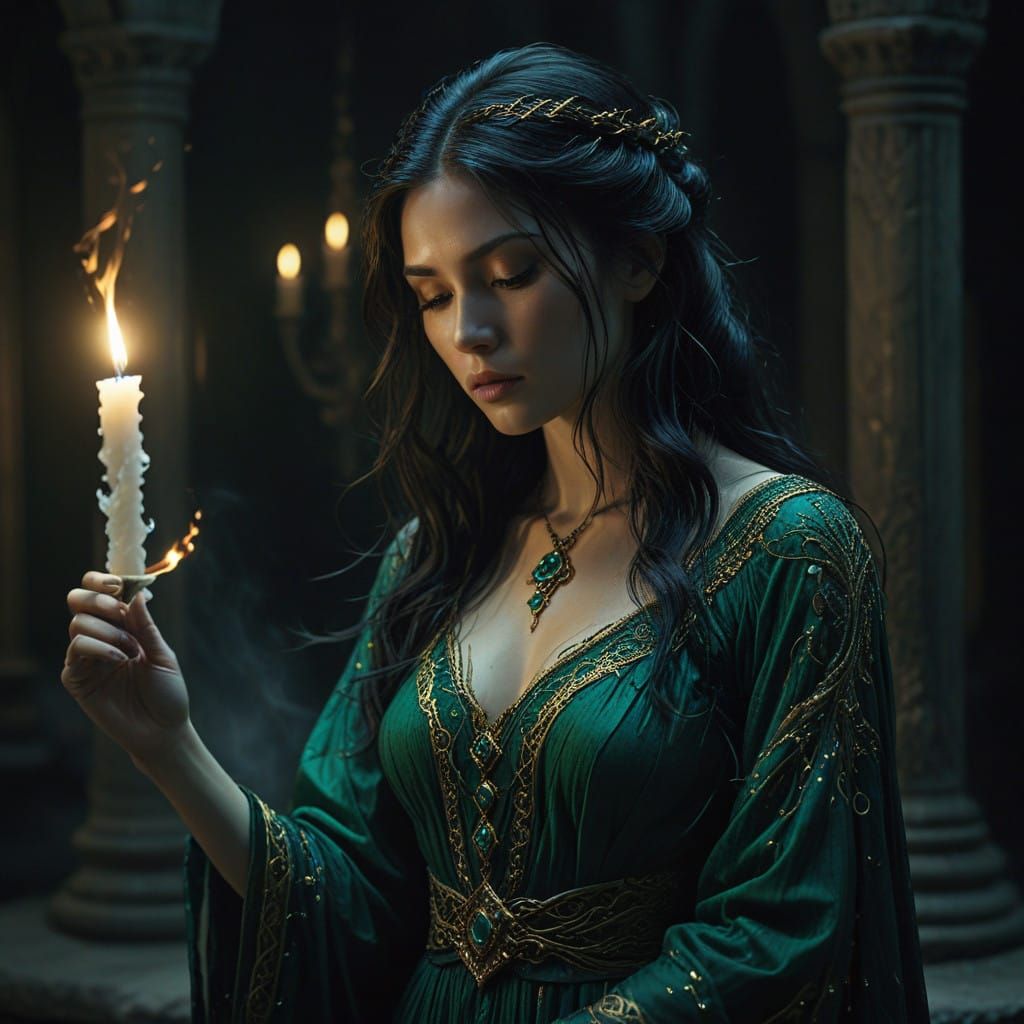Sorceress in Emerald Gown Illuminated by Candlelight in a Ha...