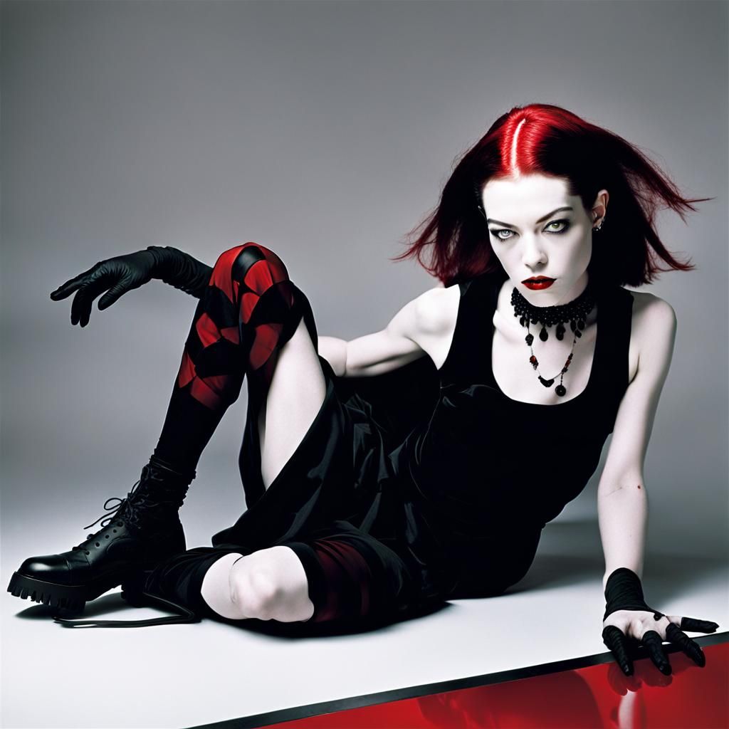 Gothic Woman in Red and Black, Avedon Style