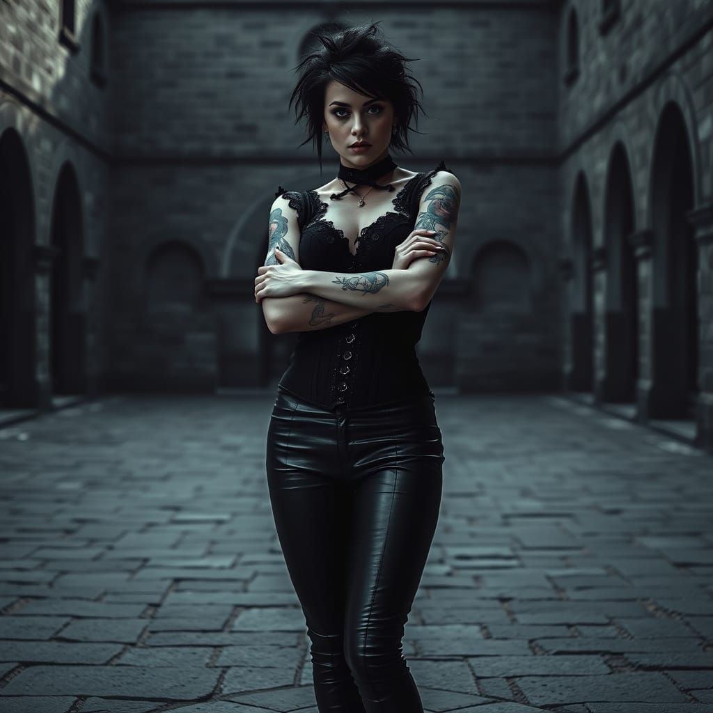 Gothic Woman in Dark Stone Courtyard, 4K Cinematic Style