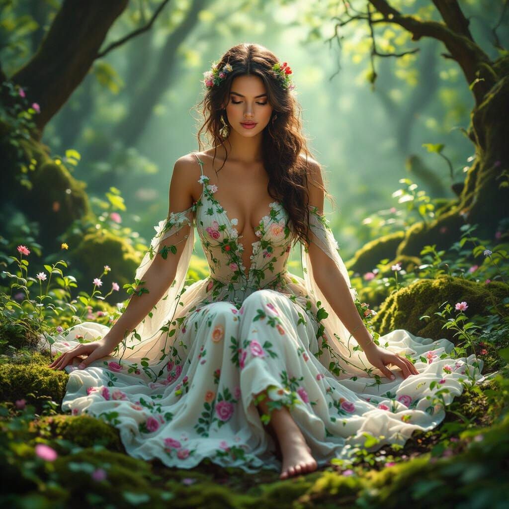 Enchanted Forest Woman with Wildflower Bloom, in Magical Rea...