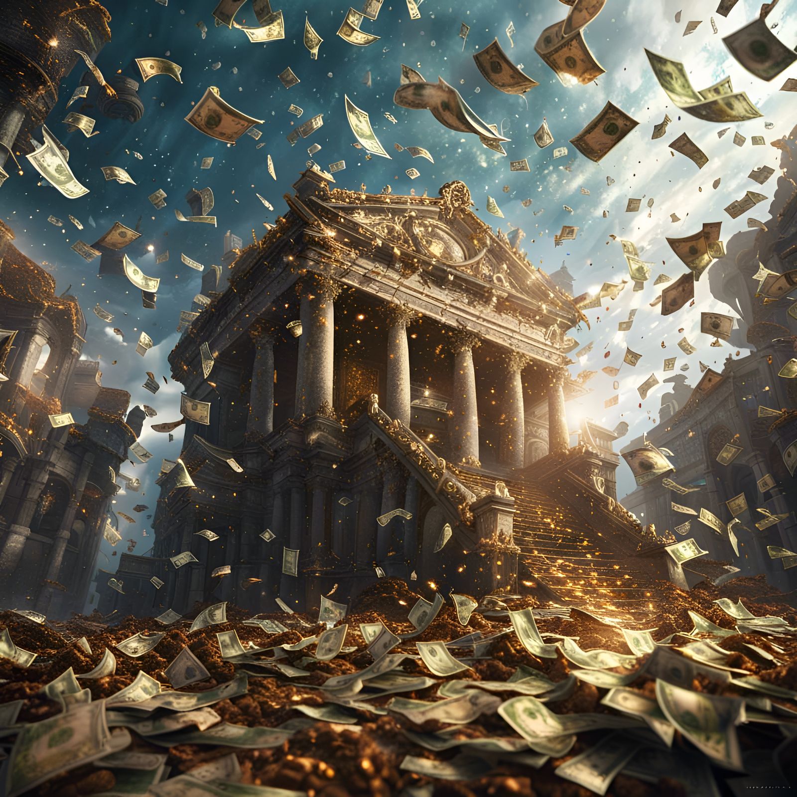 Money Raining From Heaven: Detailed Matte Painting