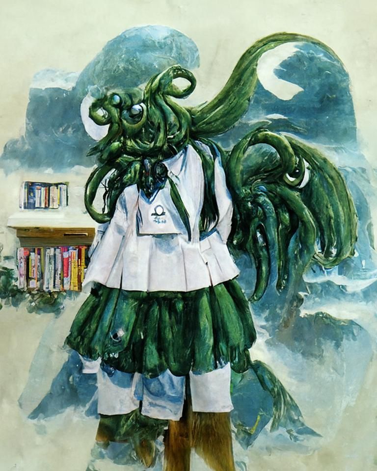 Cthulhu in Sailor Fuku Uniform Watercolor Painting